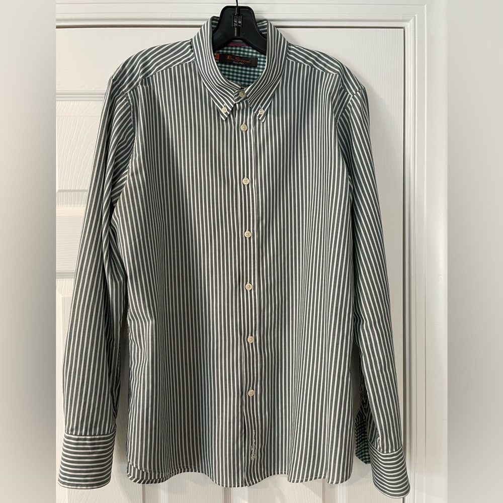 Ben Sherman Casual Shirt with Green and White Stripes XL - Picture 2 of 3